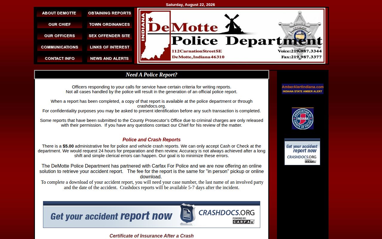 DeMotte Police webpage describing police and crash report requests