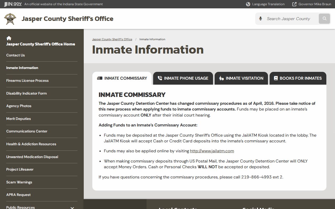 Official Jasper County inmate information page without roster search