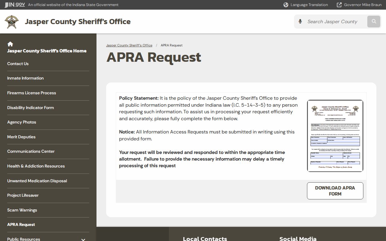 Jasper County Sheriff APRA request page