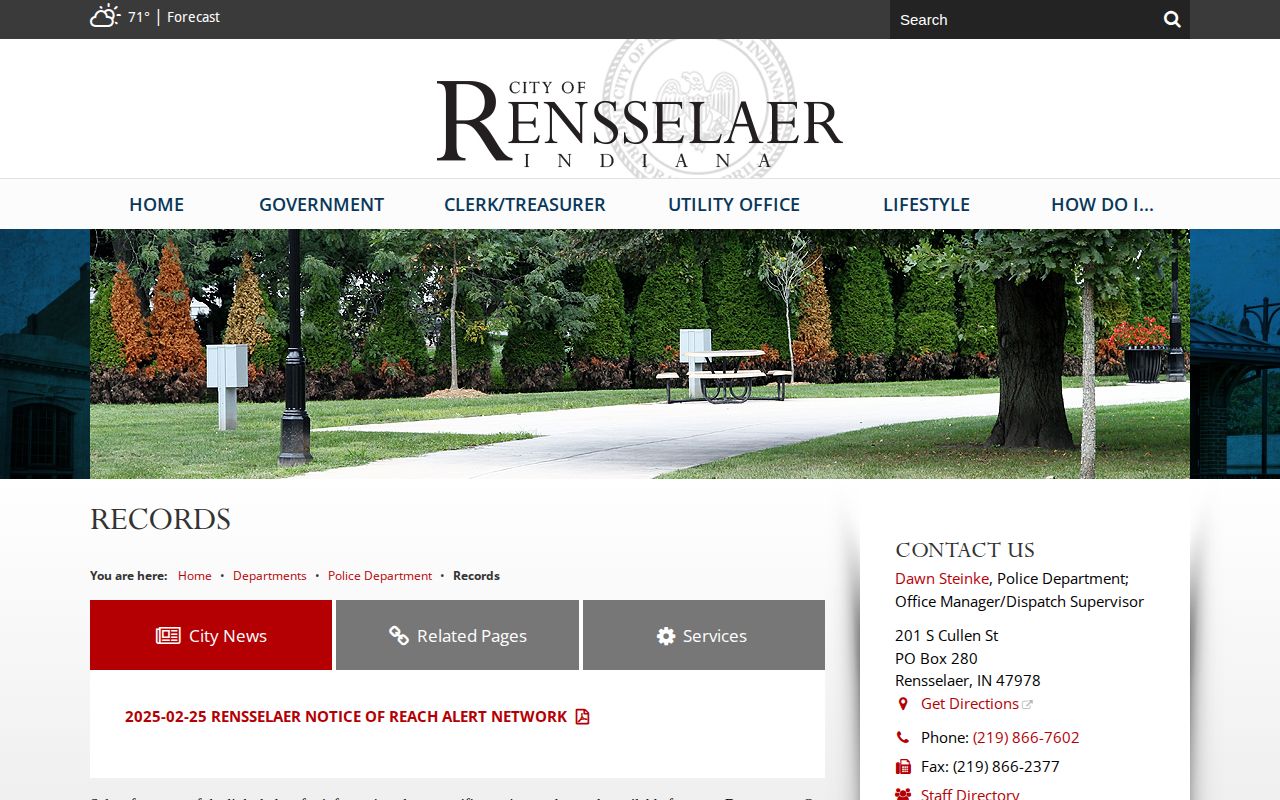 Rensselaer Police records webpage used to request an incident report